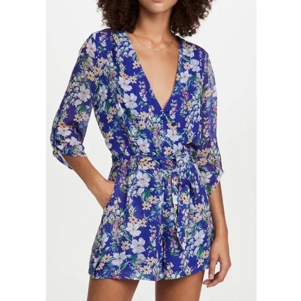 Yumi Kim Liz Romper - Eden Royal Blue Floral Tie Waist V Neck 3/4 Sleeve Size M